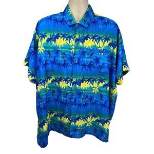 Rima Vintage Hawaiian Aloha Blue Caribbean Button Up Shirt 2XL Pocket Tribal